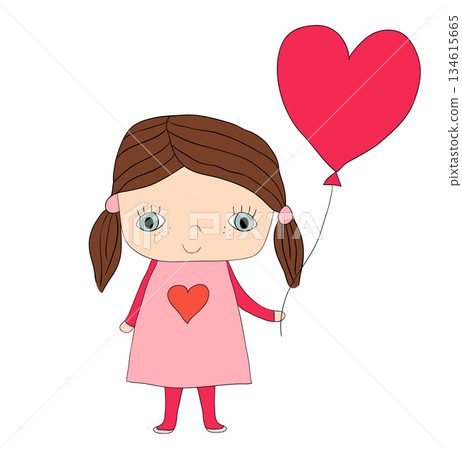 Cute little girl in dress holding a red heart shaped balloon 134615665