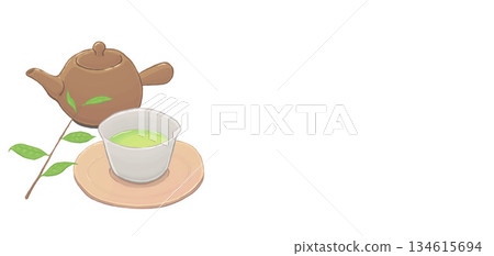 日式風格的茶壺和茶杯插圖，右側留有空白。 134615694