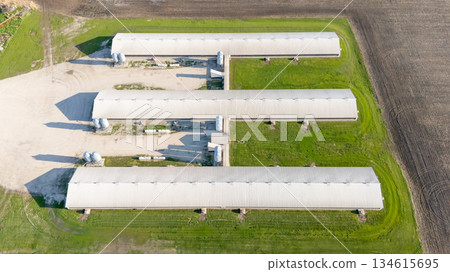 Aerial view above a confined animal operation hog building Aerial view above a confined animal operation hog building 134615695