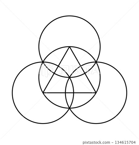 Symbol of the Trinity, formed by overlapping circles with a triangle. Circle with an equilateral triangle, and three same sized circles arranged on the circle, meeting at the center. Isolated. Vector Symbol of the Trinity, formed by overlapping circles with a triangle. Circle with an equilateral triangle, and three same sized circles arranged on the circle, meeting at the center. Isolated. Vector 134615704