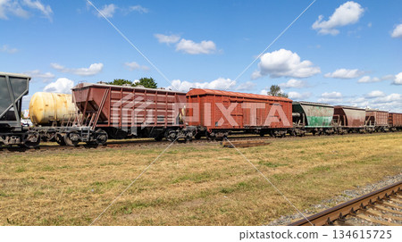 Freight cars on tracks against a cloudy sky, railway infrastructure, transport, and industry. Long trains 134615725