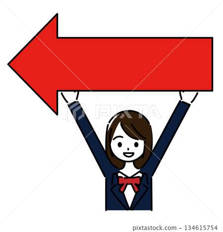 A female student in a uniform holding a red arrow pointing left A female student in a uniform holding a red arrow pointing left 134615754