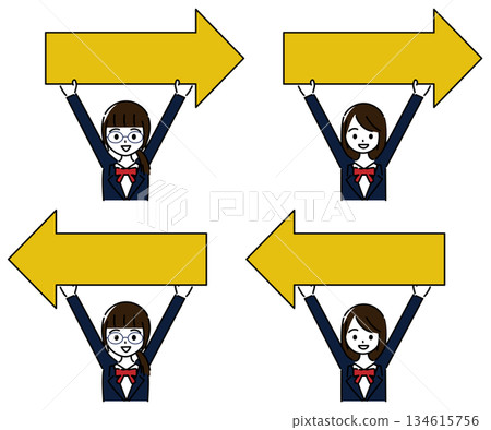 Set of smiling female students holding yellow left and right arrows 134615756
