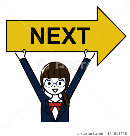 A smiling female student holding a right-pointing arrow with the word NEXT written on it 134615758