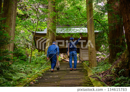 Two people climbing stone steps 134615783