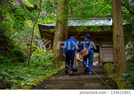 A couple climbs the stone steps 134615801