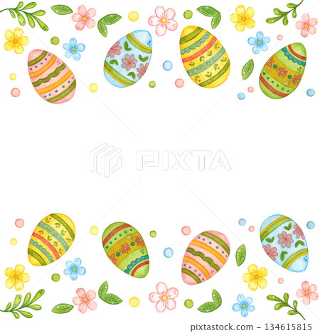 An Easter frame of colorful eggs, flowers, and twigs. Hand-drawn watercolor illustration, cartoon style. Design suitable for cards, invitations, prints on paper or textiles. Holiday, food, treats 134615815