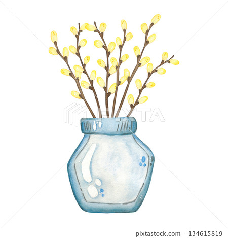 Pussy willow branches in a glass vase. Hand-drawn watercolor illustration, cartoon style. Design for cards, invitations, prints on paper or textiles. Holiday, food, treats, spring, pussy willow 134615819