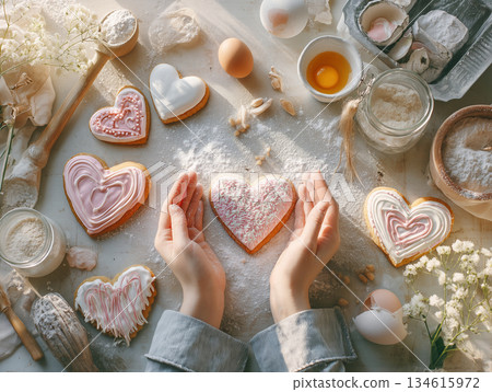雙手將糖粉撒在心型餅乾上(情人節手工製作) 雙手將糖粉撒在心型餅乾上(情人節手工製作) 134615972