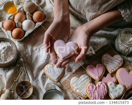 雙手將糖粉撒在心型餅乾上(情人節手工製作) 雙手將糖粉撒在心型餅乾上(情人節手工製作) 134615973