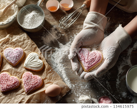 雙手將糖粉撒在心型餅乾上（情人節手工製作） 134615975