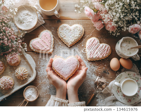 雙手將糖粉撒在心型餅乾上（情人節手工製作） 134615976