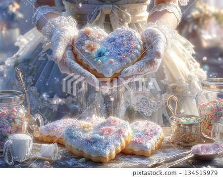 雙手將糖粉撒在心型餅乾上（情人節手工製作） 134615979