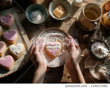 雙手將糖粉撒在心型餅乾上（情人節手工製作） 134615980