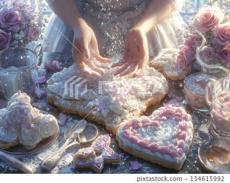 雙手將糖粉撒在心型餅乾上(情人節手工製作) 雙手將糖粉撒在心型餅乾上(情人節手工製作) 134615992