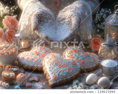 Hands sprinkling powdered sugar onto heart-shaped cookies (handmade for Valentine's Day) 134615994