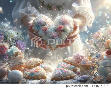 雙手將糖粉撒在心型餅乾上（情人節手工製作） 134615996