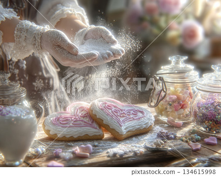 雙手將糖粉撒在心型餅乾上（情人節手工製作） 134615998