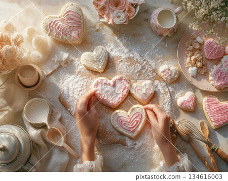雙手將糖粉撒在心型餅乾上（情人節手工製作） 134616003