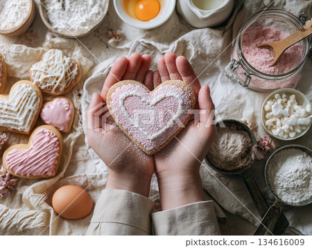 雙手將糖粉撒在心型餅乾上(情人節手工製作) 雙手將糖粉撒在心型餅乾上(情人節手工製作) 134616009
