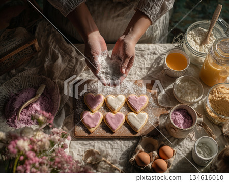 雙手將糖粉撒在心型餅乾上（情人節手工製作） 134616010