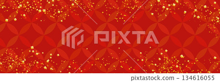 Japanese pattern background with red shippo pattern and gold leaf decoration / New Year's design 134616055
