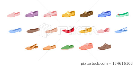 Color flat shoe single set. slingback, ballet flat, Mary Jane espadrille slip on, loafer styles for woman man unisex. Color flat shoe single set. slingback, ballet flat, Mary Jane espadrille slip on, loafer styles for woman man unisex. 134616103