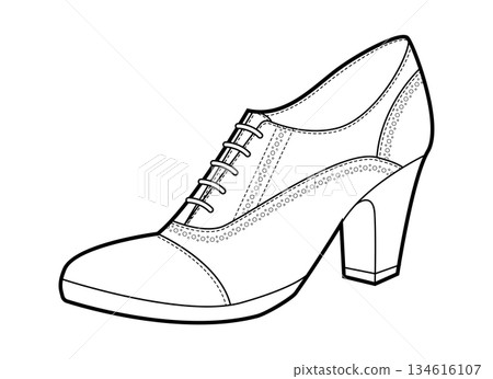 Oxford pump women heel single line pair. Lace up brogue inspired dress footwear for meeting, university, autumn wardrobe 134616107