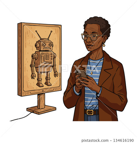 Woman Using Smartphone Standing Near Retro Robot Model Display in Modern Setting 134616190