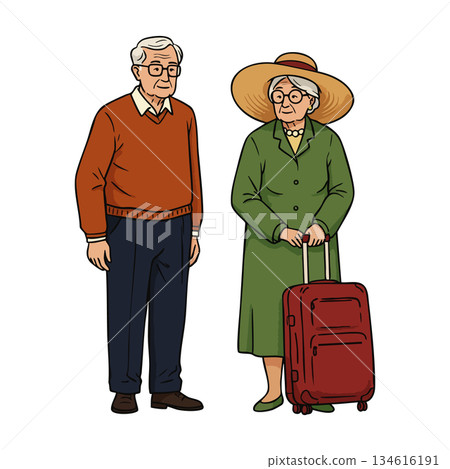Elderly couple standing with red suitcase woman wearing green coat and hat man in orange sweater vector illustration 134616191