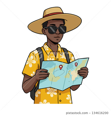 Young man traveler with sunglasses and hat holding travel map vector illustration Young man traveler with sunglasses and hat holding travel map vector illustration 134616200