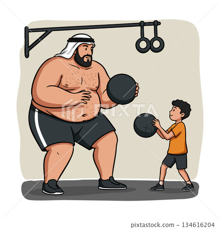 Man and child exercising with medicine balls in gym fitness training session 134616204