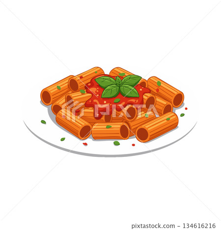 Rigatoni pasta with tomato sauce and basil leaves on white plate vector illustration 134616216