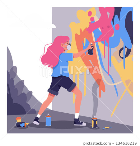 Young Woman Creating Colorful Graffiti Street Art with Spray Paint Vector Illustration Young Woman Creating Colorful Graffiti Street Art with Spray Paint Vector Illustration 134616219