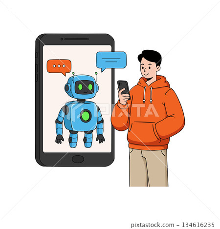 Young man using smartphone chatbot with friendly blue robot assistant vector illustration Young man using smartphone chatbot with friendly blue robot assistant vector illustration 134616235