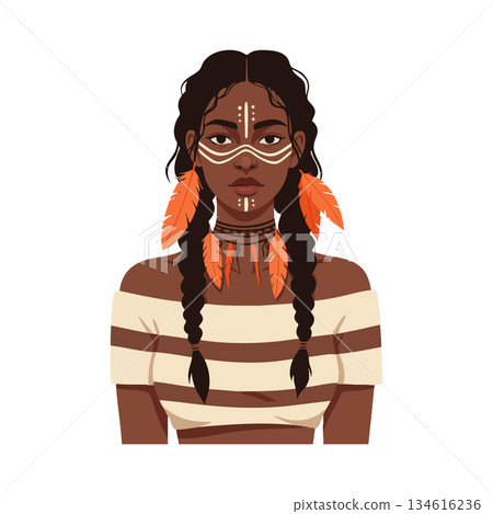 Young woman with traditional tribal face paint and orange feathers vector illustration portrait 134616236
