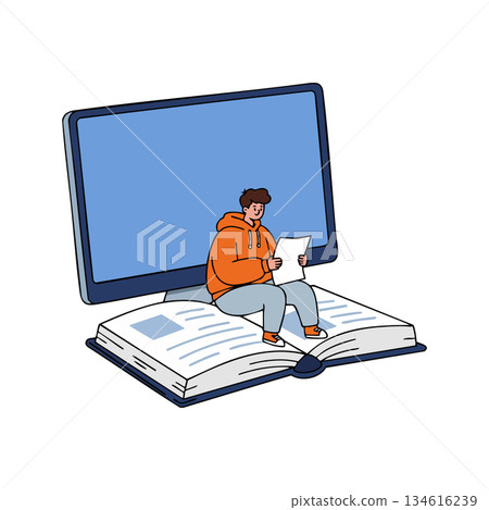 Person Reading Document Sitting on Open Book with Large Monitor Screen Vector Illustration Person Reading Document Sitting on Open Book with Large Monitor Screen Vector Illustration 134616239