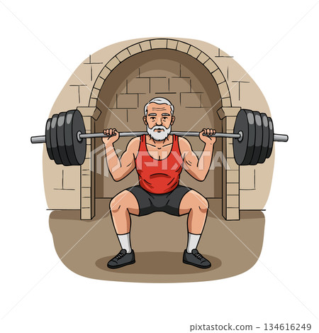 Elderly man weightlifting with heavy barbell in arched stone gym background vector illustration 134616249