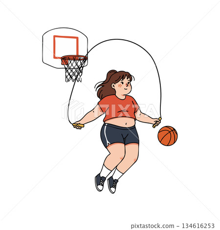 Girl Jump Roping Near Basketball Hoop Wearing Red Shirt and Black Shorts Vector Illustration 134616253