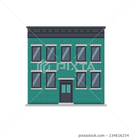 Green brick building facade with symmetrical windows and dark roof vector illustration Green brick building facade with symmetrical windows and dark roof vector illustration 134616254