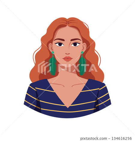 Woman with red hair wearing blue striped top and green feather earrings portrait vector illustration 134616256
