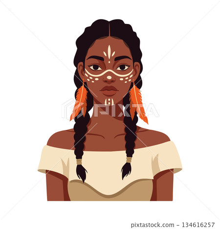 Indigenous woman portrait with tribal face paint and orange feather earrings vector illustration 134616257