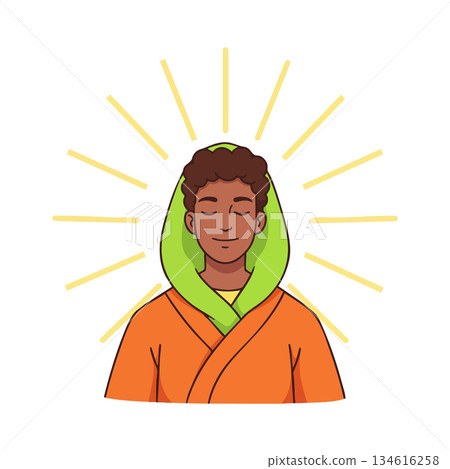 Young person meditating with green hoodie and orange robe calm peaceful glowing rays vector illustration Young person meditating with green hoodie and orange robe calm peaceful glowing rays vector illustration 134616258