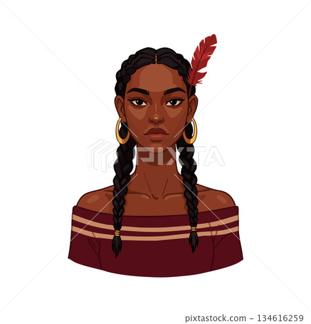 Portrait of young woman with braided hair and feather accessory in maroon top vector illustration 134616259