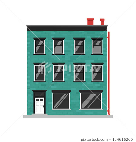 Three Story Green Brick Building Front View with Windows and Door Vector Illustration 134616260