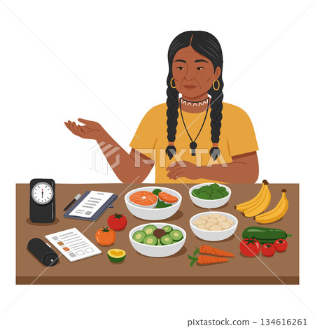 Woman explaining healthy diet with vegetables fruits and clock on table vector illustration 134616261