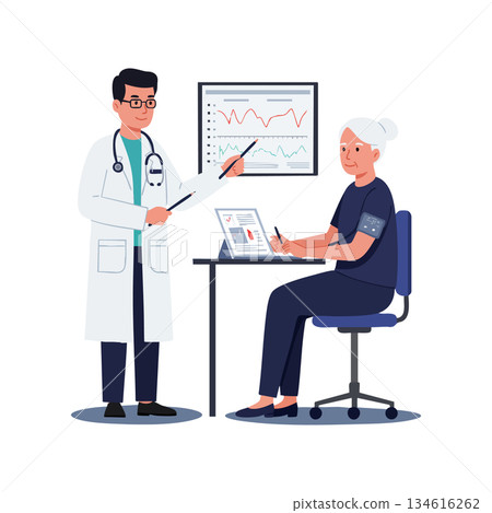 Doctor explaining health data to senior woman patient in medical consultation vector illustration Doctor explaining health data to senior woman patient in medical consultation vector illustration 134616262