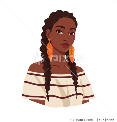 Woman with braided hair wearing off shoulder striped top and orange feather earrings vector illustration 134616266
