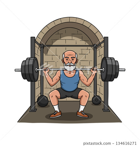 Elderly Man Weightlifting in Gym with Arch Wall Background Strength Training Exercise Elderly Man Weightlifting in Gym with Arch Wall Background Strength Training Exercise 134616271