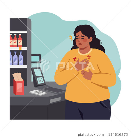 Woman Experiencing Chest Pain at Checkout Counter Vector Illustration Woman Experiencing Chest Pain at Checkout Counter Vector Illustration 134616273